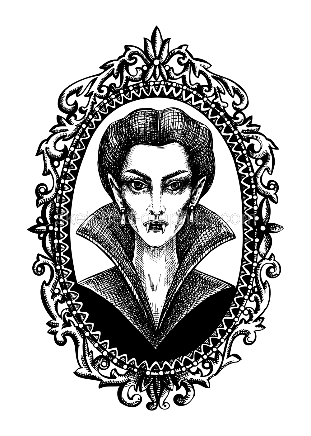 Vampire lady hand drawn vector illustration. Gothic woman portrait in victorian frame. Halloween poster design. NOT AI generated Illustration